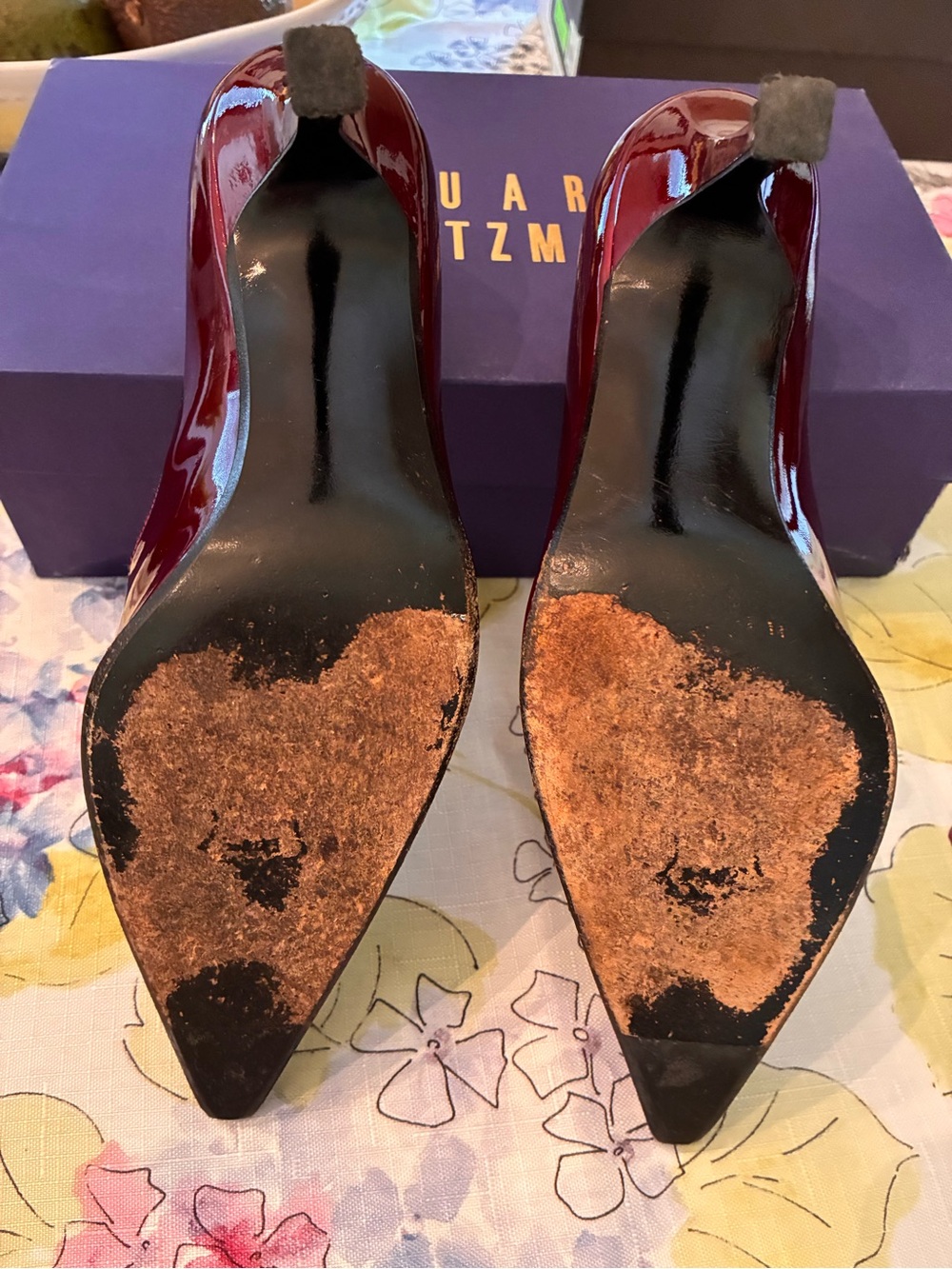 Stuart Weitzman Burgundy Patent Leather Pointed-Toe Pumps with Buckle Detail - Picture 5 of 10